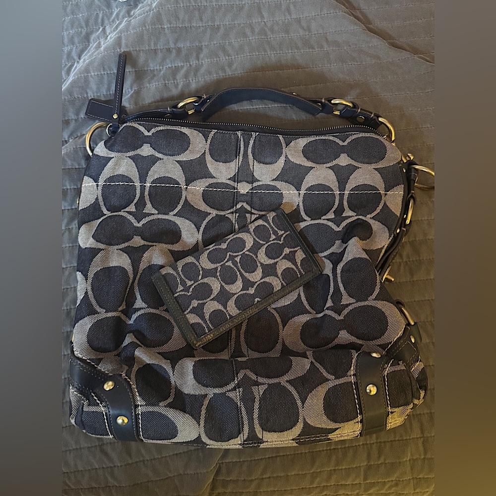 Coach Large Denim Blue Carly Hobo Bag with Check Fold Wallet.